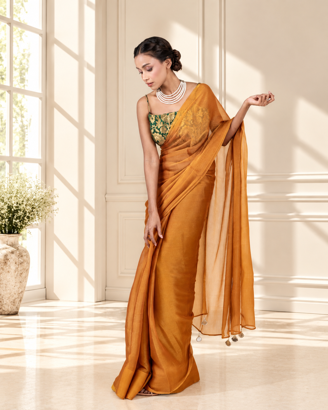 Amber Gold Iconic Chiffon Saree with Handcrafted Mirror Tassels and Matching Blouse Piece | Fall & Pico Ready