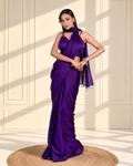 Royal Purple Natural Chiffon Saree with Embroidered Lace, Handcrafted Tassels and Matching Blouse Piece | Fall & Pico Ready