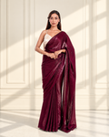 Wine Fendi Satin Saree with Handcrafted Pearl Tassels and Matching Blouse Piece | Fall & Pico Ready