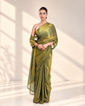Olive Green Fendi Satin Saree with Handcrafted Crystal Drop Lace and Matching Blouse Piece | Fall & Pico Ready