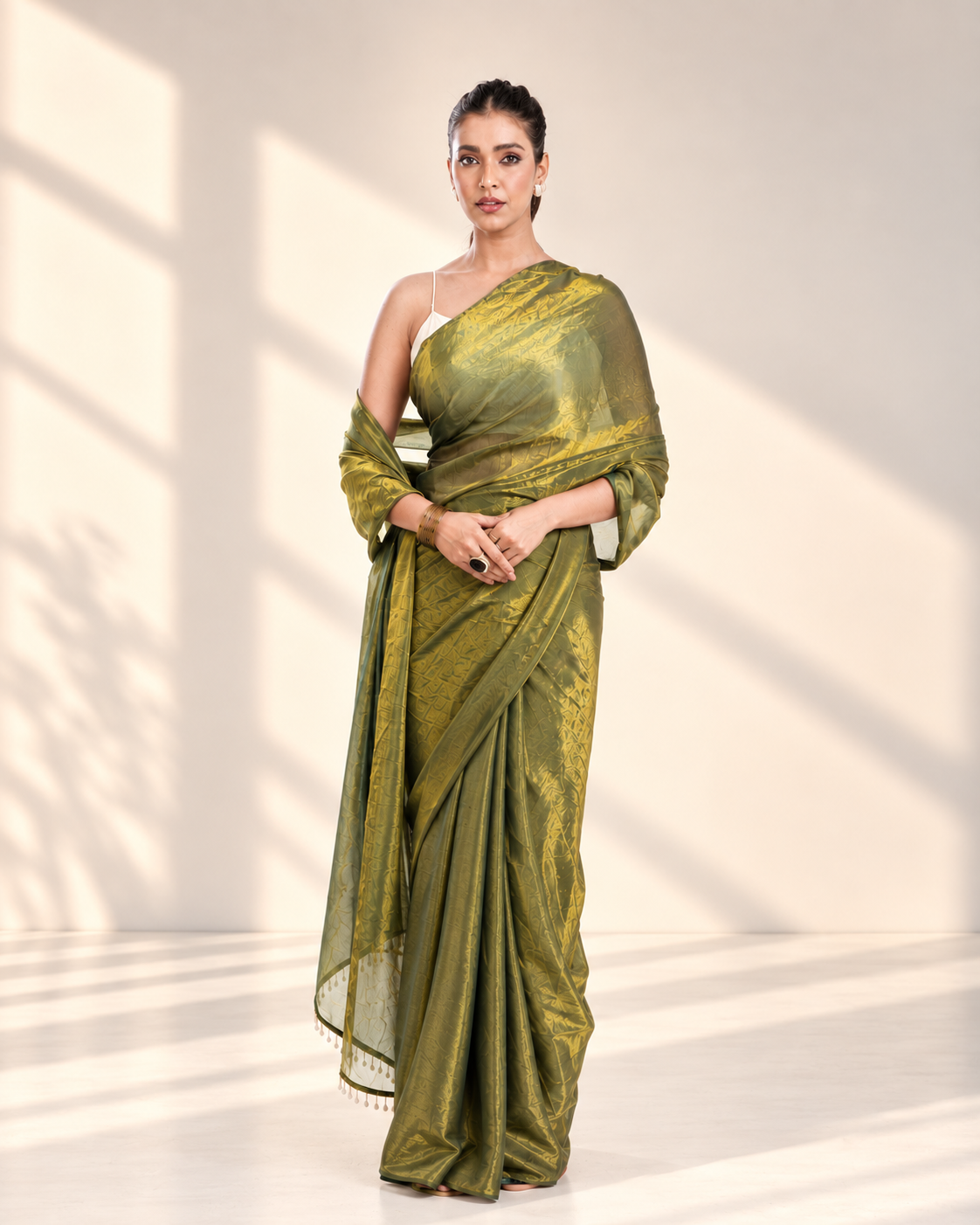 Olive Green Fendi Satin Saree with Handcrafted Crystal Drop Lace and Matching Blouse Piece | Fall & Pico Ready