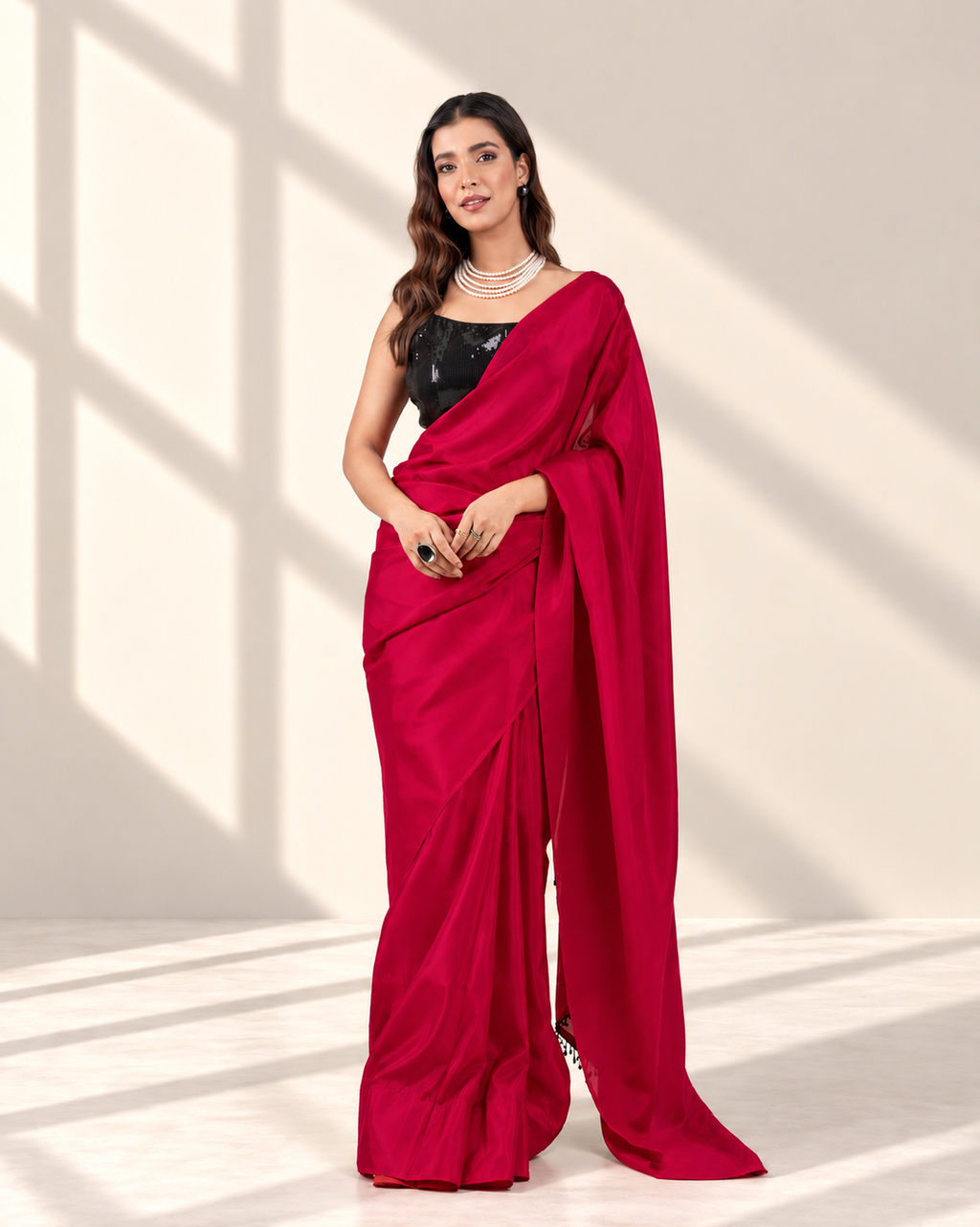 Ruby Red Silk Blend Saree with Handcrafted Black Lace and Matching Blouse Piece | Fall & Pico Ready