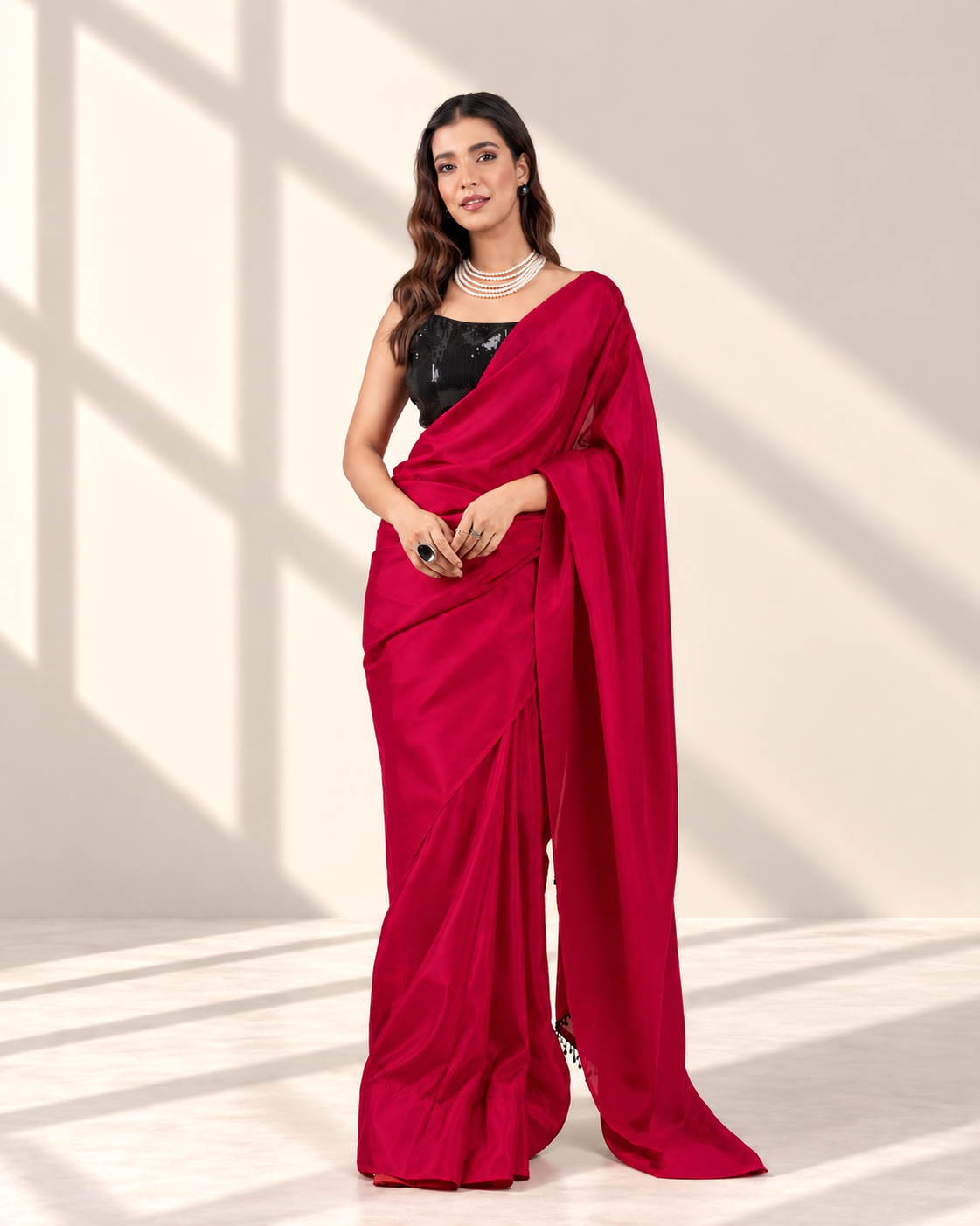 Ruby Red Silk Blend Saree with Handcrafted Black Lace and Matching Blouse Piece | Fall & Pico Ready