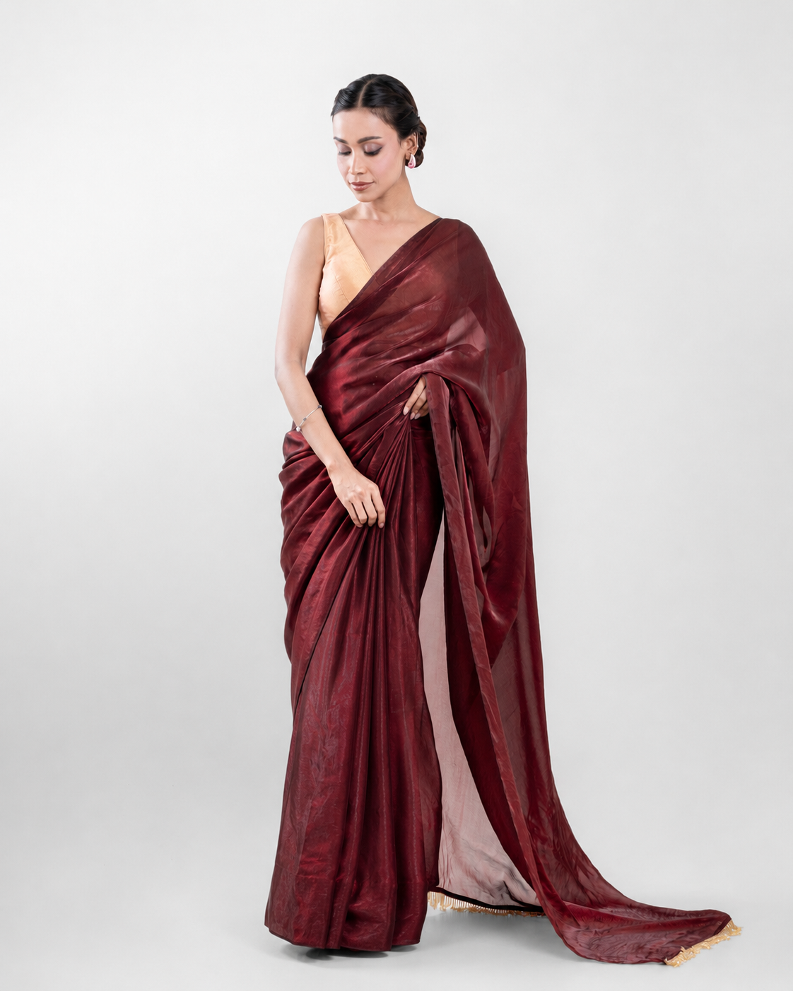 Burgundy Fendi Satin Saree with Handcrafted Beaded Lace and Matching Blouse Piece | Fall & Pico Ready
