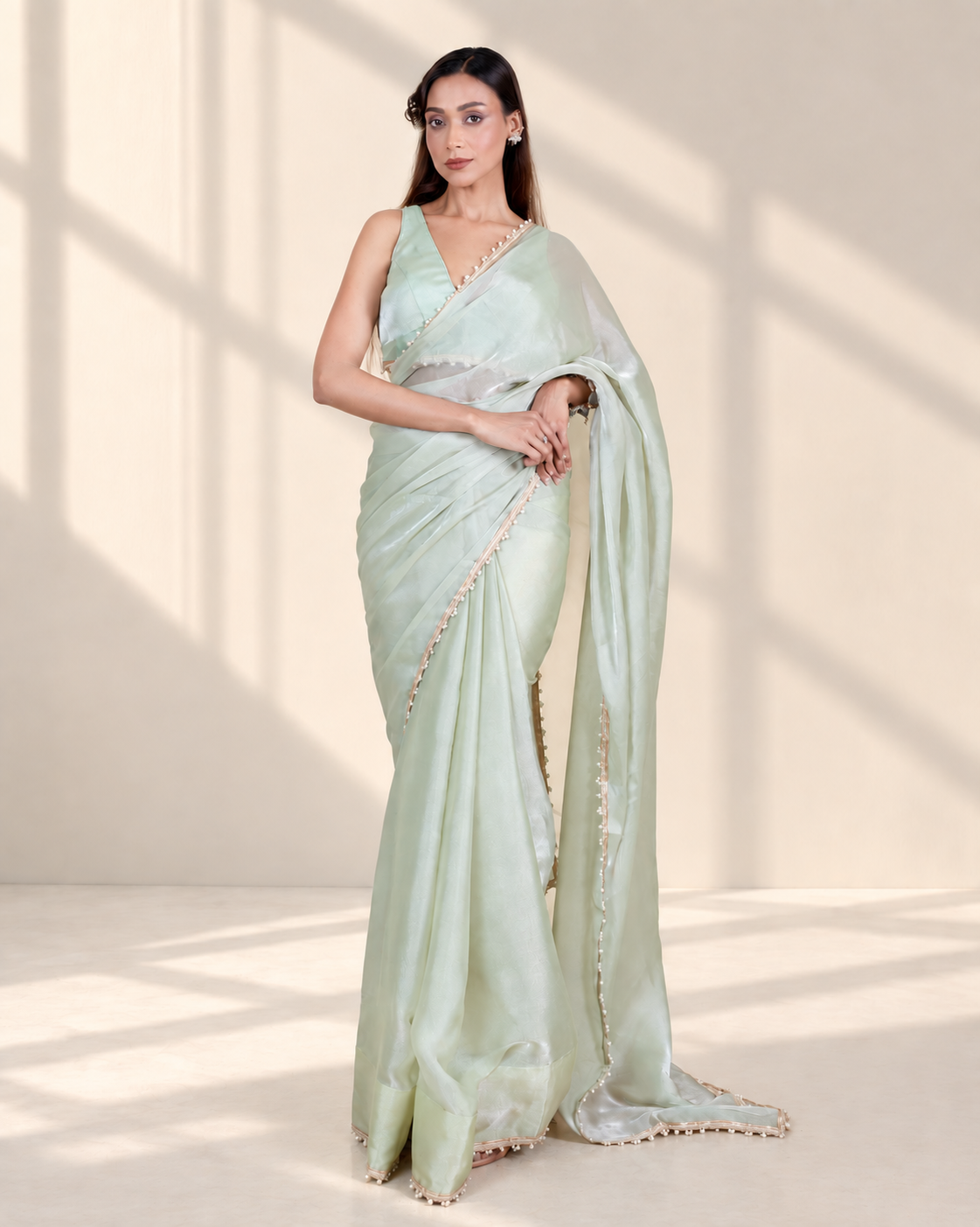 Mint Green Galaxy Organza Saree with Pearl Embellished Border & Self Blouse Piece | Fall & Pico Ready
