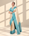 Champagne Gold Banarasi Silk Saree with Aqua Blue Zari Border and Matching Blouse Piece | Fall & Pico Ready