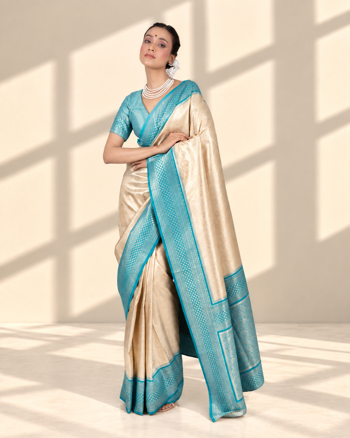 Champagne Gold Banarasi Silk Saree with Aqua Blue Zari Border and Matching Blouse Piece | Fall & Pico Ready