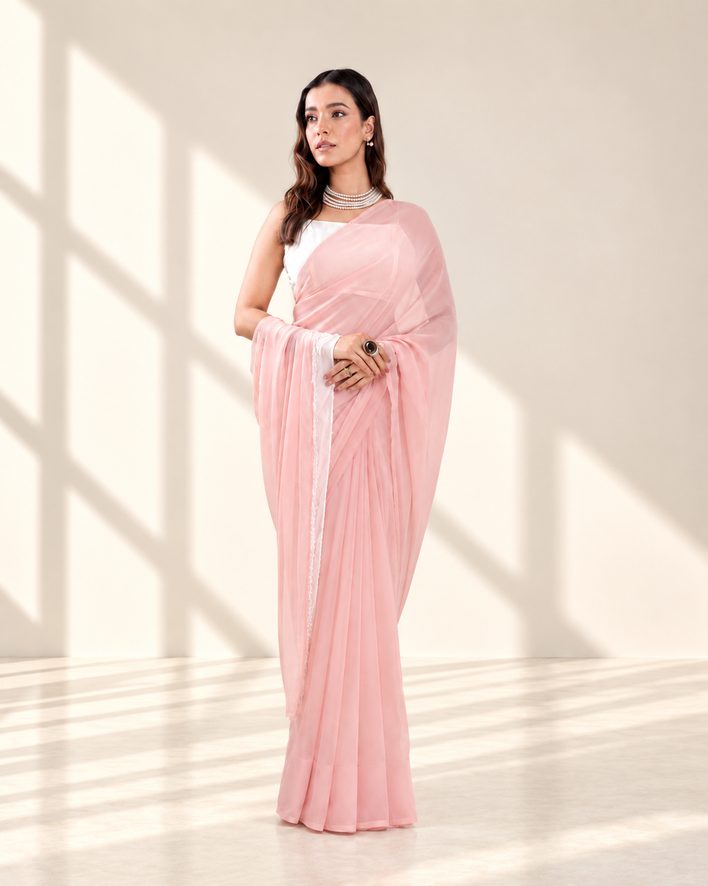 Blush Pink Georgette Saree with Ivory Panel & Drop Lace Border with Self Blouse Piece | Fall & Pico Ready