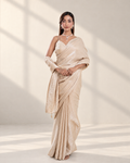 Champagne Cashino Saree with Handcrafted Tassels and Matching Blouse Piece | Fall & Pico Ready