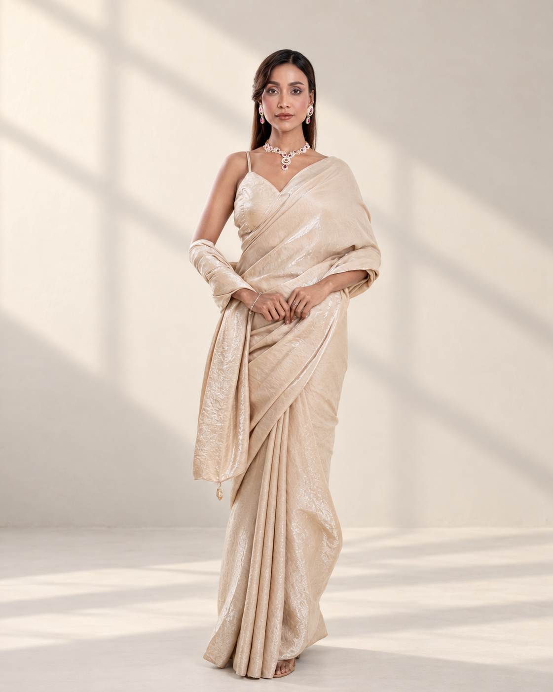 Champagne Cashino Saree with Handcrafted Tassels and Matching Blouse Piece | Fall & Pico Ready