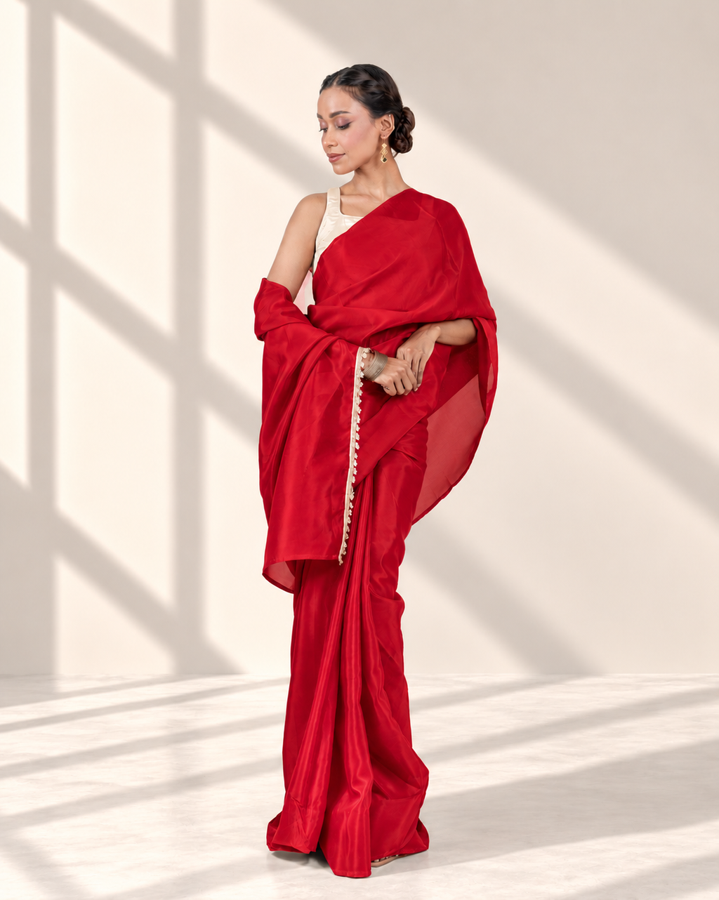 Scarlet Red Silk Blend Saree with Handcrafted Pearl Lace and Matching Blouse Piece | Fall & Pico Ready