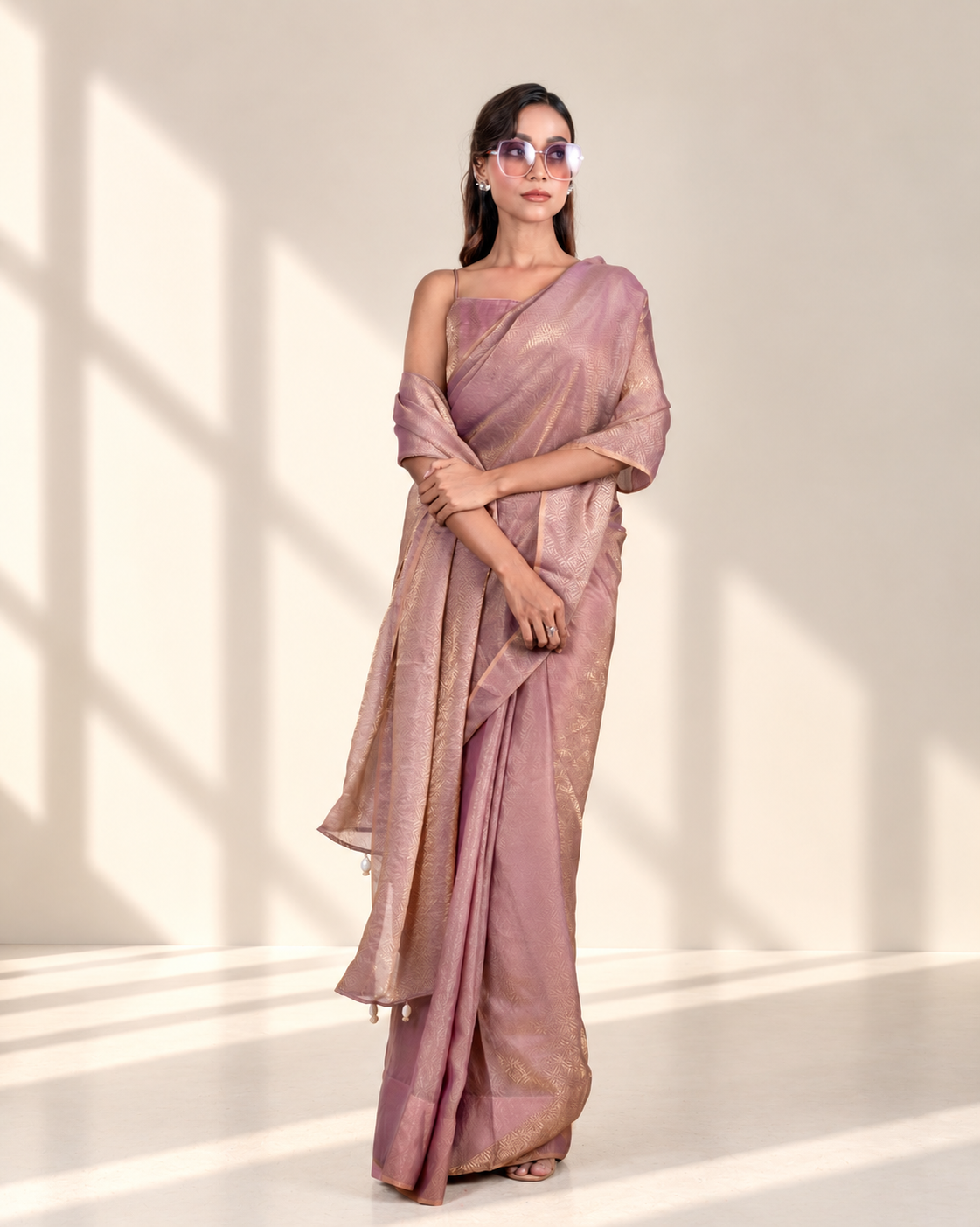 Dusty Mauve Fendi Satin Woven Zari Saree with Handcrafted Pearl Tassel Pallu and Matching Blouse Piece | Fall & Pico Ready