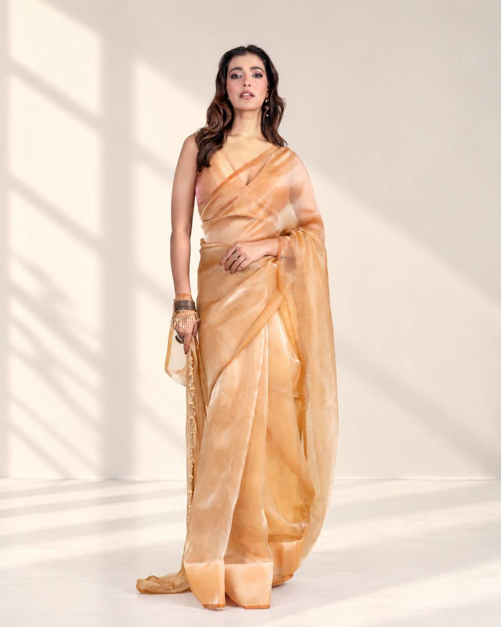 Champagne Gold Soft Metallic Organza Saree with Handcrafted Beaded Tassel Lace and Matching Blouse Piece | Fall & Pico Ready