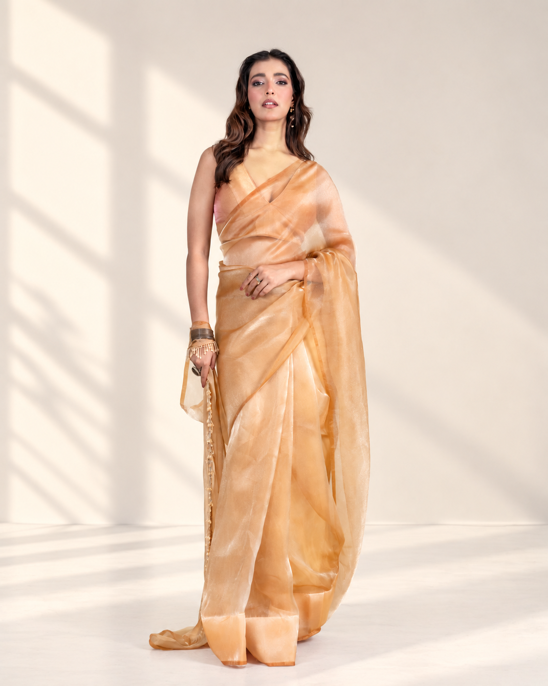 Champagne Gold Soft Metallic Organza Saree with Handcrafted Beaded Tassel Lace and Matching Blouse Piece | Fall & Pico Ready