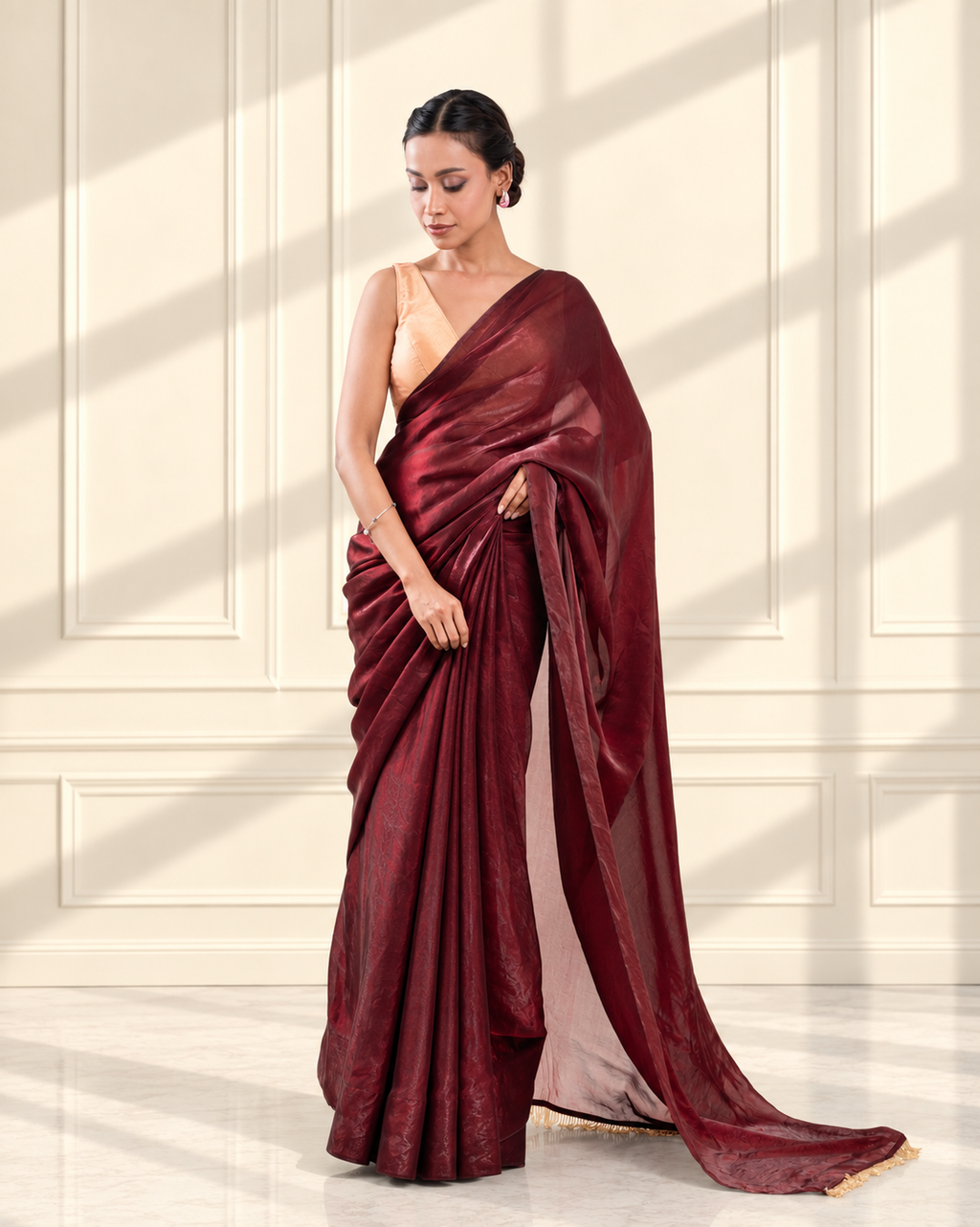 Burgundy Fendi Satin Saree with Handcrafted Beaded Lace and Matching Blouse Piece | Fall & Pico Ready