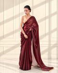 Burgundy Fendi Satin Saree with Handcrafted Beaded Lace and Matching Blouse Piece | Fall & Pico Ready