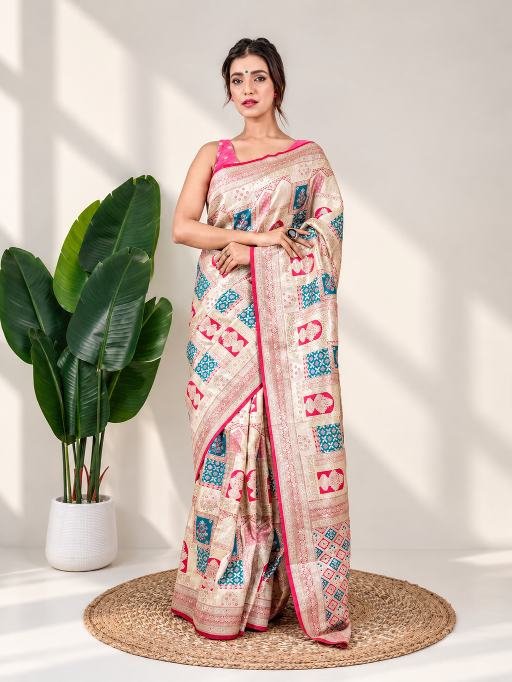 Ivory Pink Banarasi Silk Saree with Heritage Woven Pallu and Matching Blouse Piece | Fall & Pico Ready
