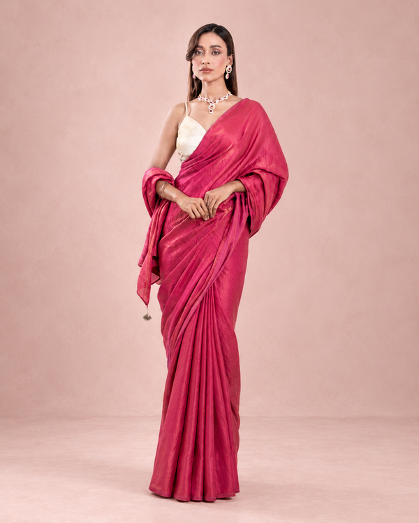 Rosewood Pink Cashino Saree with Handcrafted Pearl Tassels and Matching Blouse Piece | Fall & Pico Ready