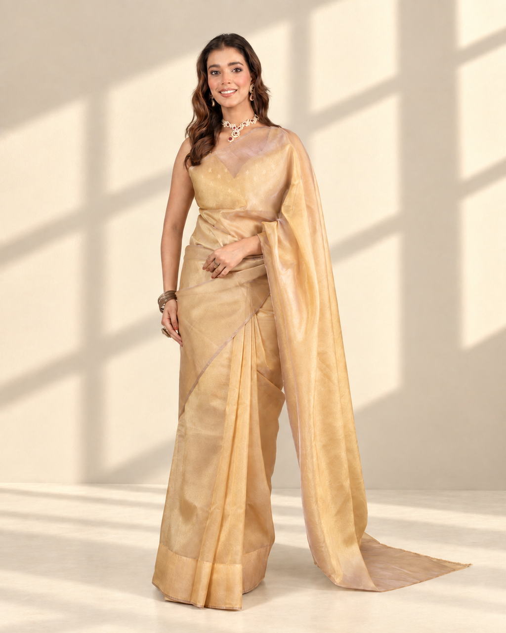 Chikoo Organza Saree with Handcrafted Crystal Beads Lace & Golden Buti Blouse Piece | Fall & Pico Ready