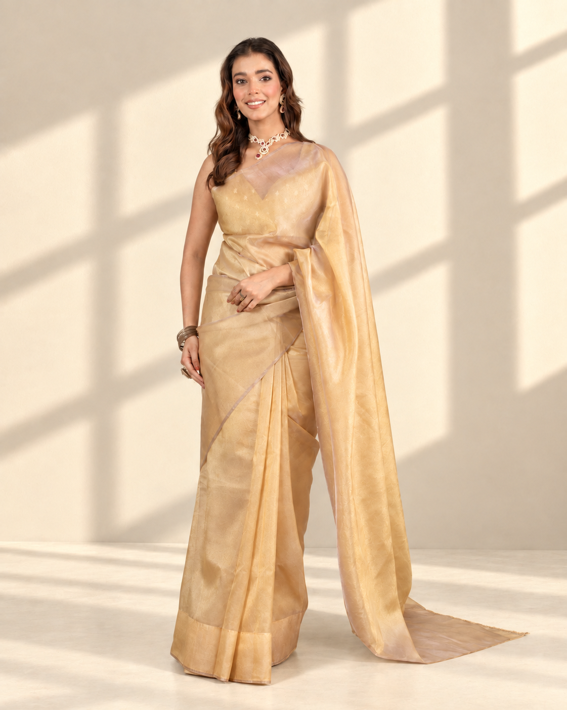 Chikoo Organza Saree with Handcrafted Crystal Beads Lace & Golden Buti Blouse Piece | Fall & Pico Ready