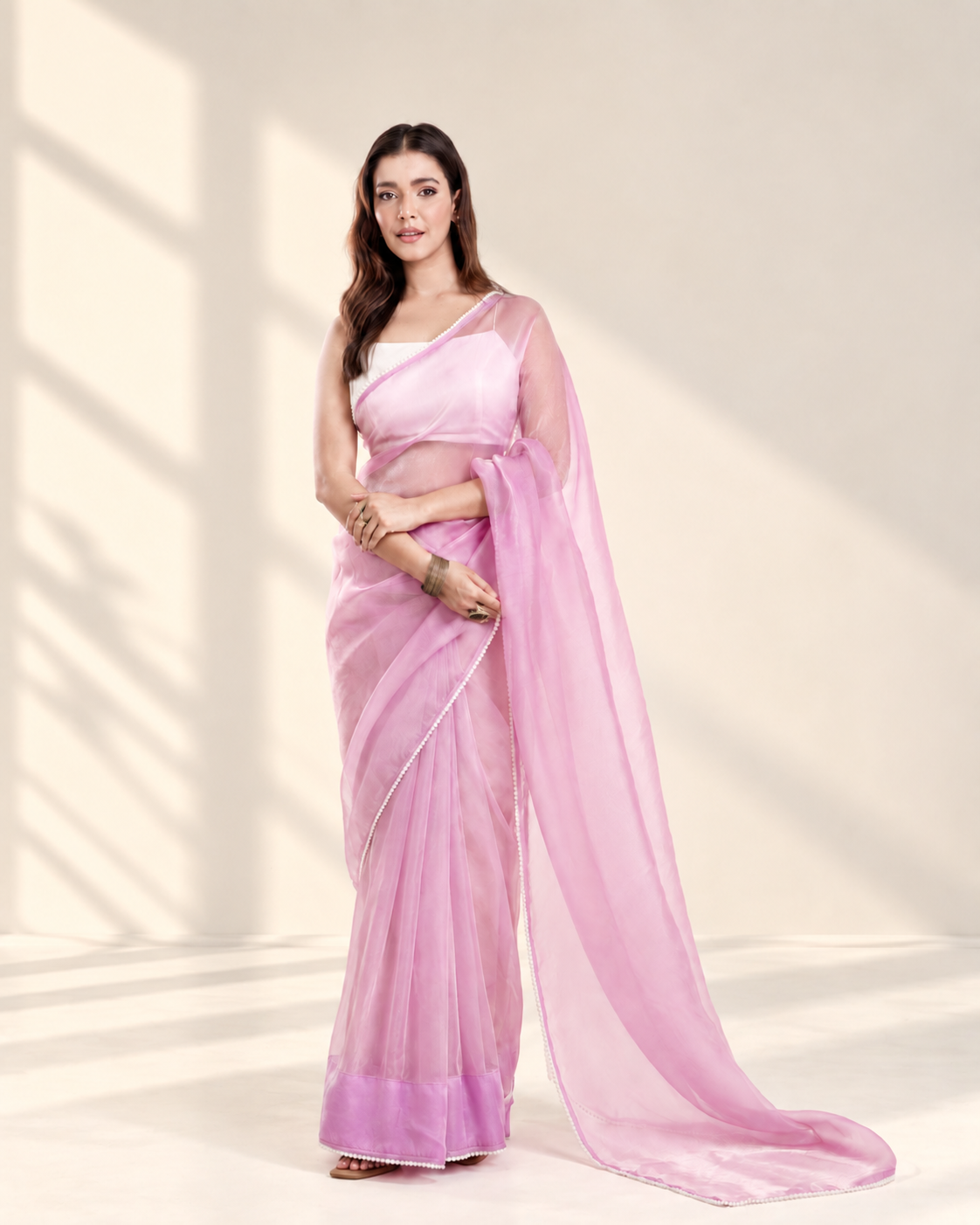 Lilac Soft Metallic Organza Saree with Pearl Lace Border and Matching Blouse Piece | Fall & Pico Ready