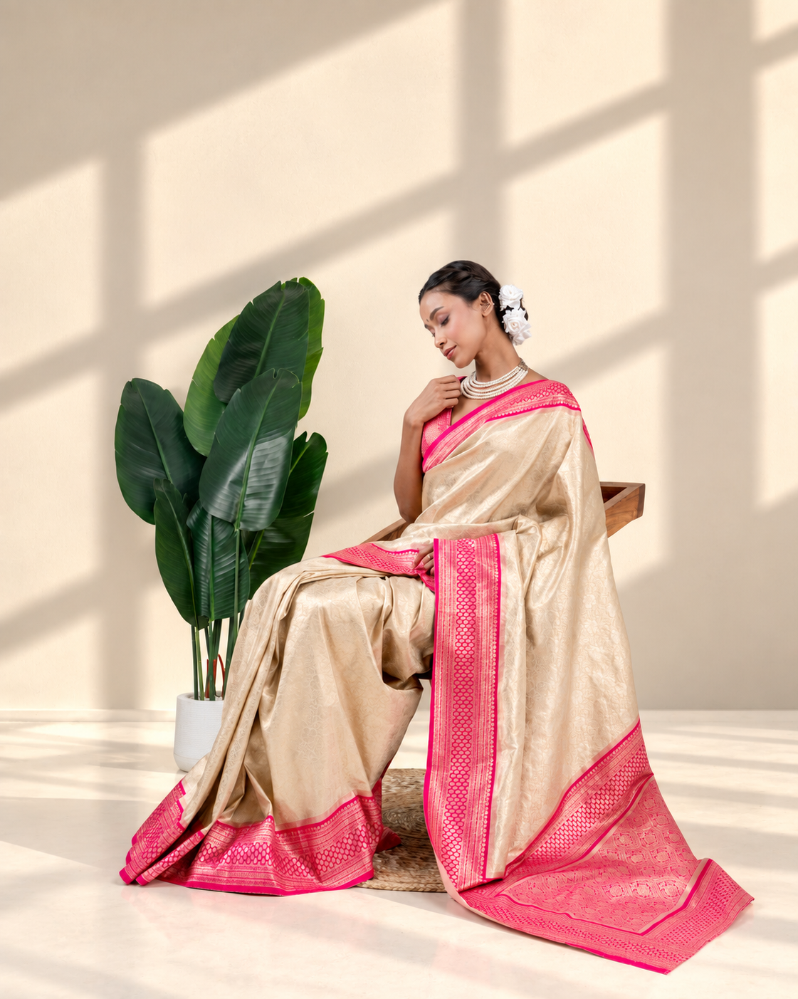 Champagne Gold Banarasi Silk Saree with Rani Pink Zari Border and Matching Blouse Piece | Fall & Pico Ready