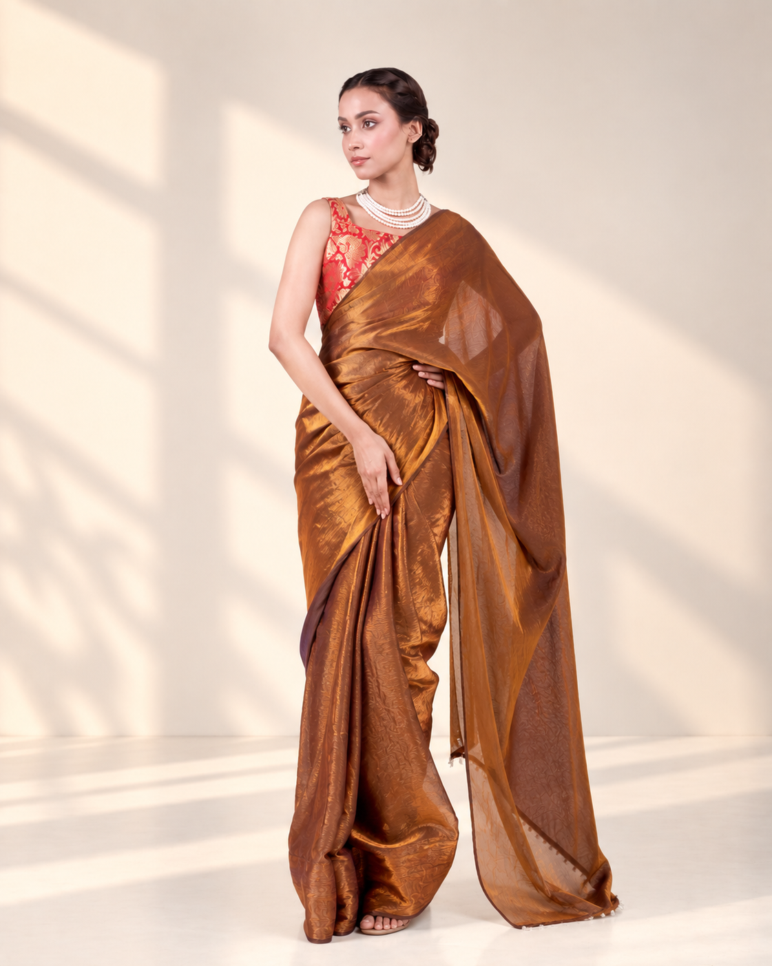 Antique Bronze Fendi Satin Saree with Handcrafted Crystal Drop Lace and Matching Blouse Piece | Fall & Pico Ready