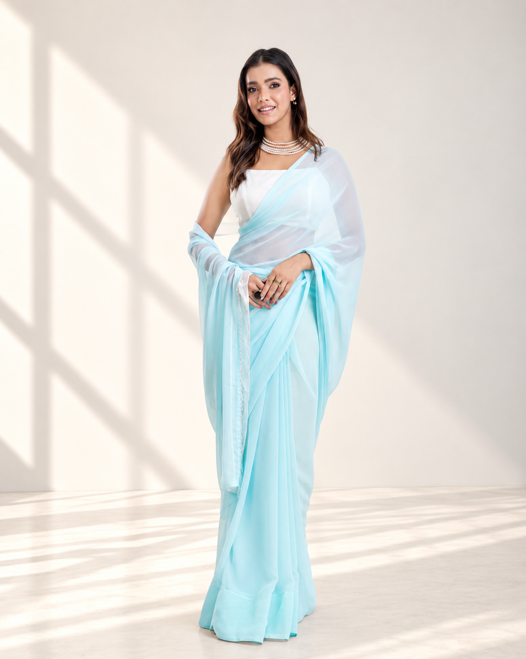 Powder Blue Georgette Saree with White Panel & Drop Lace Border with Self Blouse Piece | Fall & Pico Ready