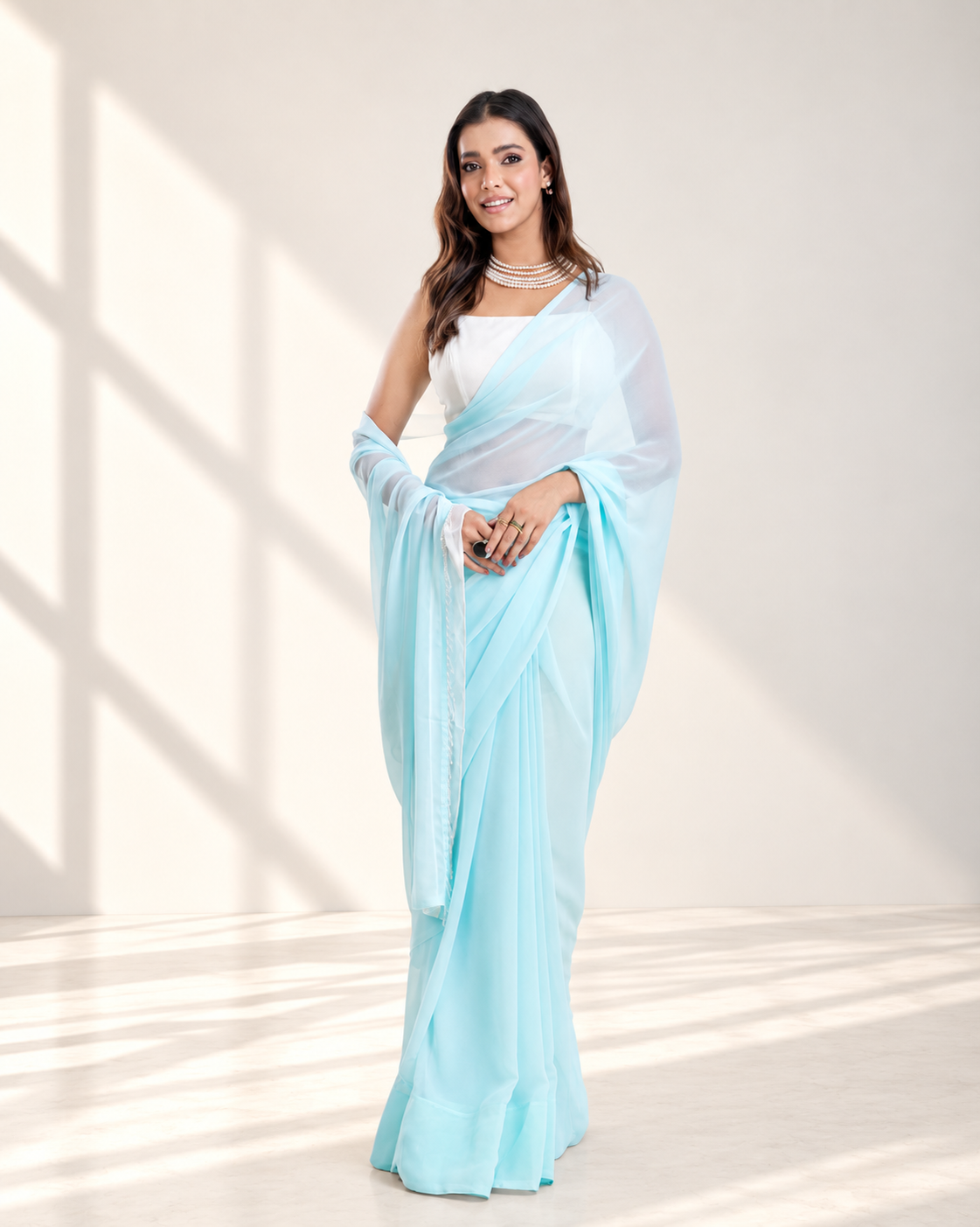 Powder Blue Georgette Saree with White Panel & Drop Lace Border with Self Blouse Piece | Fall & Pico Ready