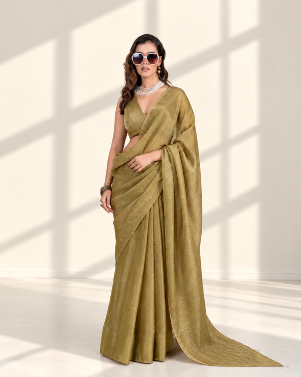 Olive Green Fendi Satin Woven Zari Saree with Pearl Tassel Pallu and Matching Blouse Piece | Fall & Pico Ready