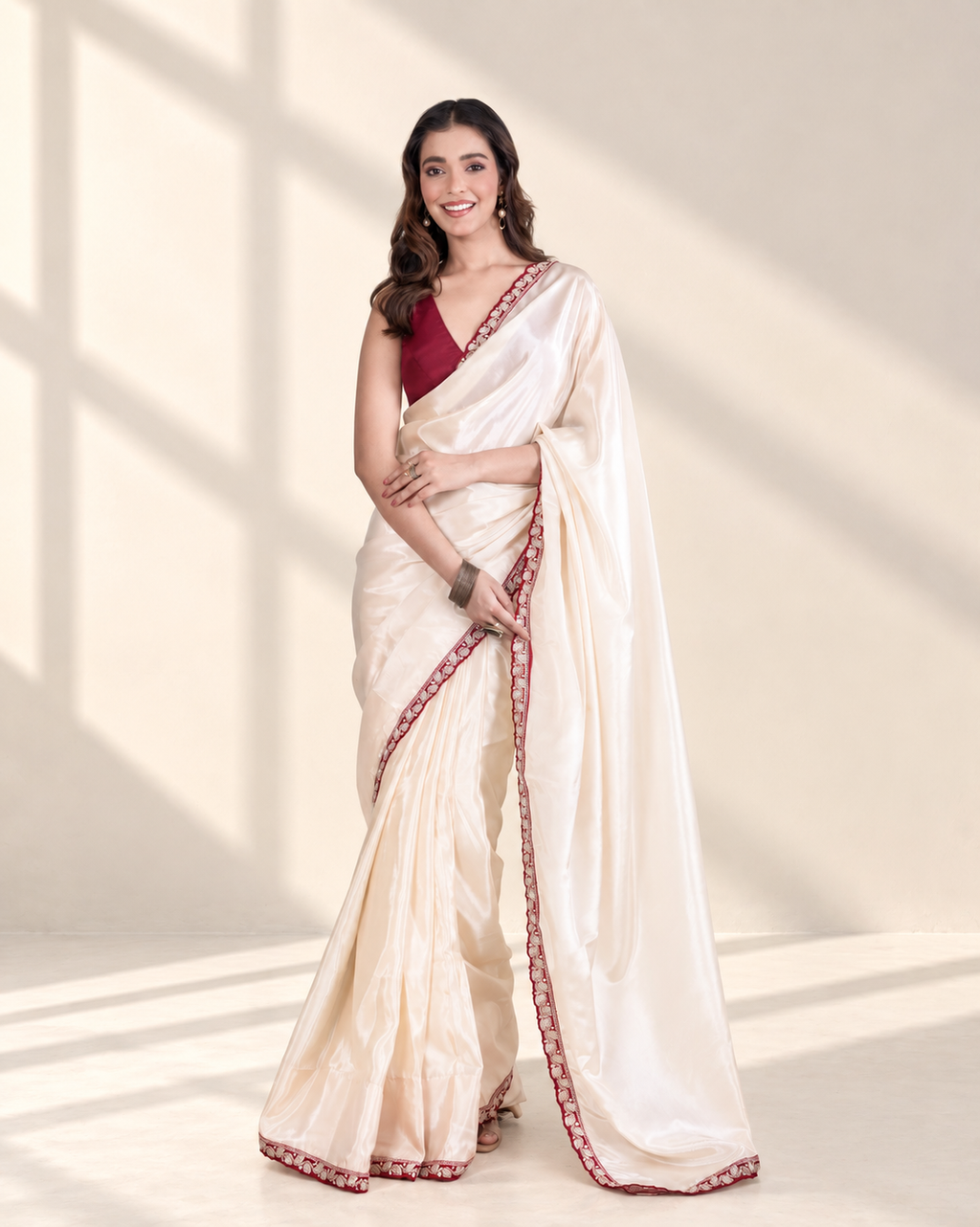 Ivory Silk Blend Saree with Maroon Embellished Border & Matching Blouse Piece | Fall & Pico Ready