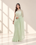 Sage Green Georgette Saree with Ivory Panel & Drop Lace Border with Self Blouse Piece | Fall & Pico Ready