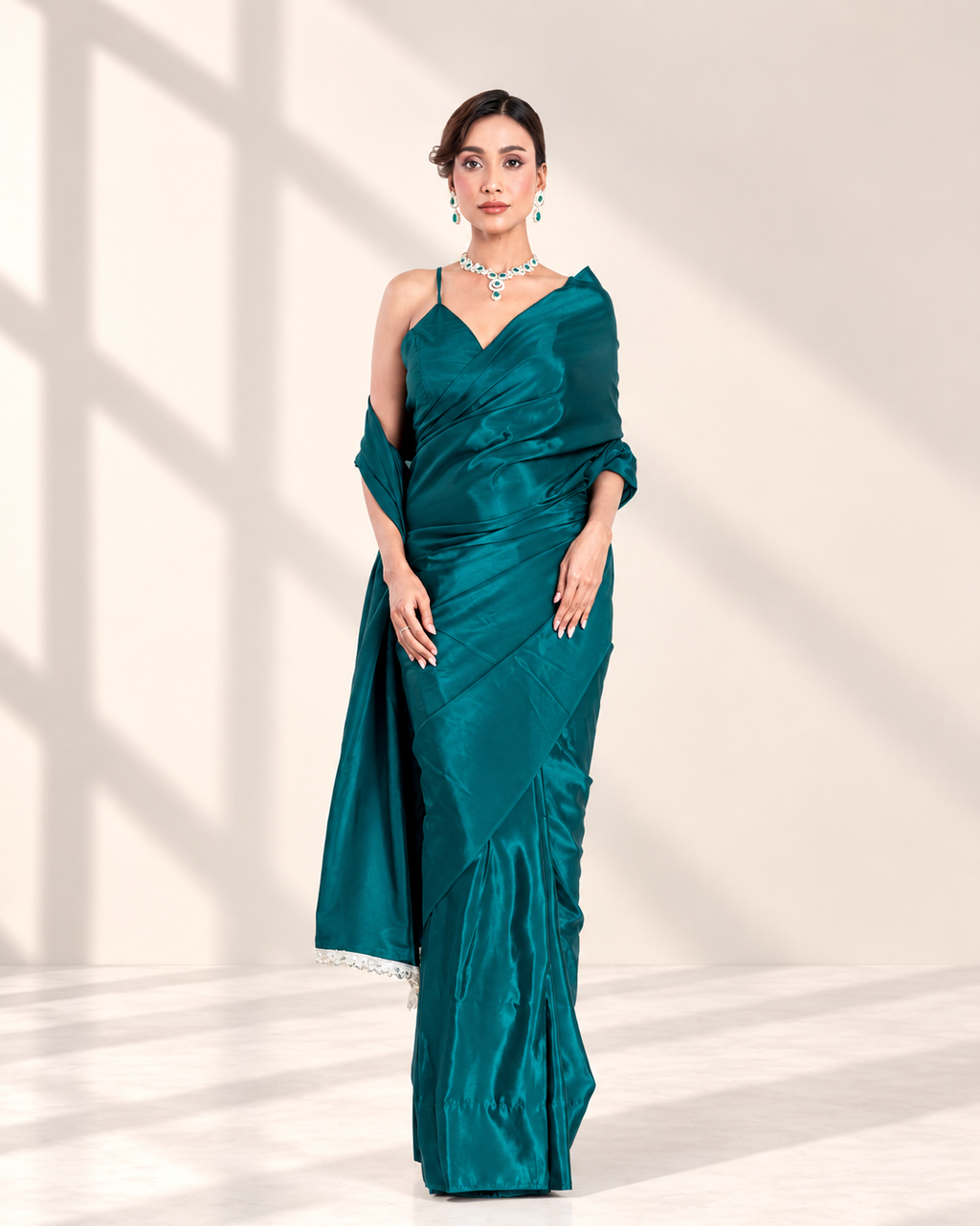 Deep Peacock Green Silk Blend Saree with Embroidered Lace and Matching Blouse Piece | Fall & Pico Ready