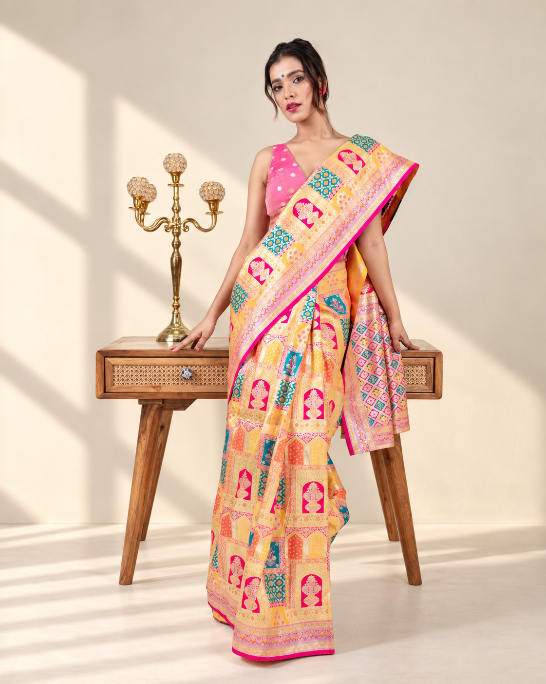 Sunlit Gold Banarasi Silk Saree with Heritage Woven Pallu and Matching Blouse Piece | Fall & Pico Ready