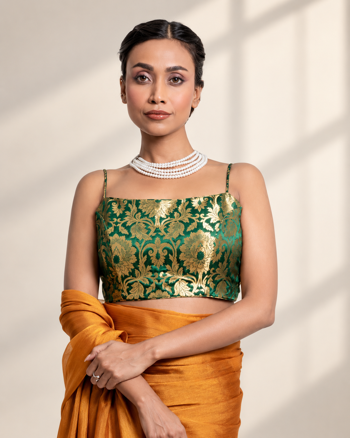 Emerald Green Brocade Spaghetti Strap Blouse with Gold Zari Weave