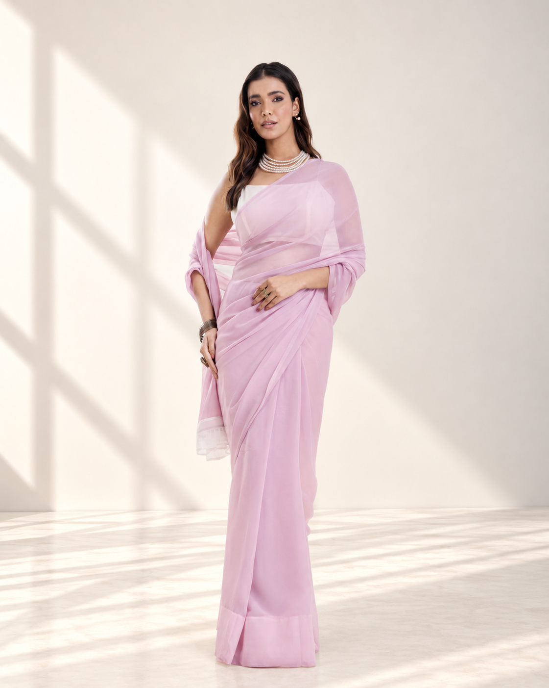 Lavender Georgette Saree with Ivory Panel & Drop Lace Border with Self Blouse Piece | Fall & Pico Ready