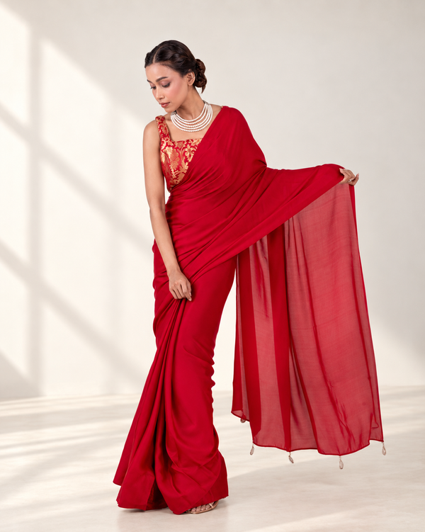 Classic Red Satin Saree with Handcrafted Mirror Tassels and Matching Satin Blouse Piece | Fall & Pico Ready