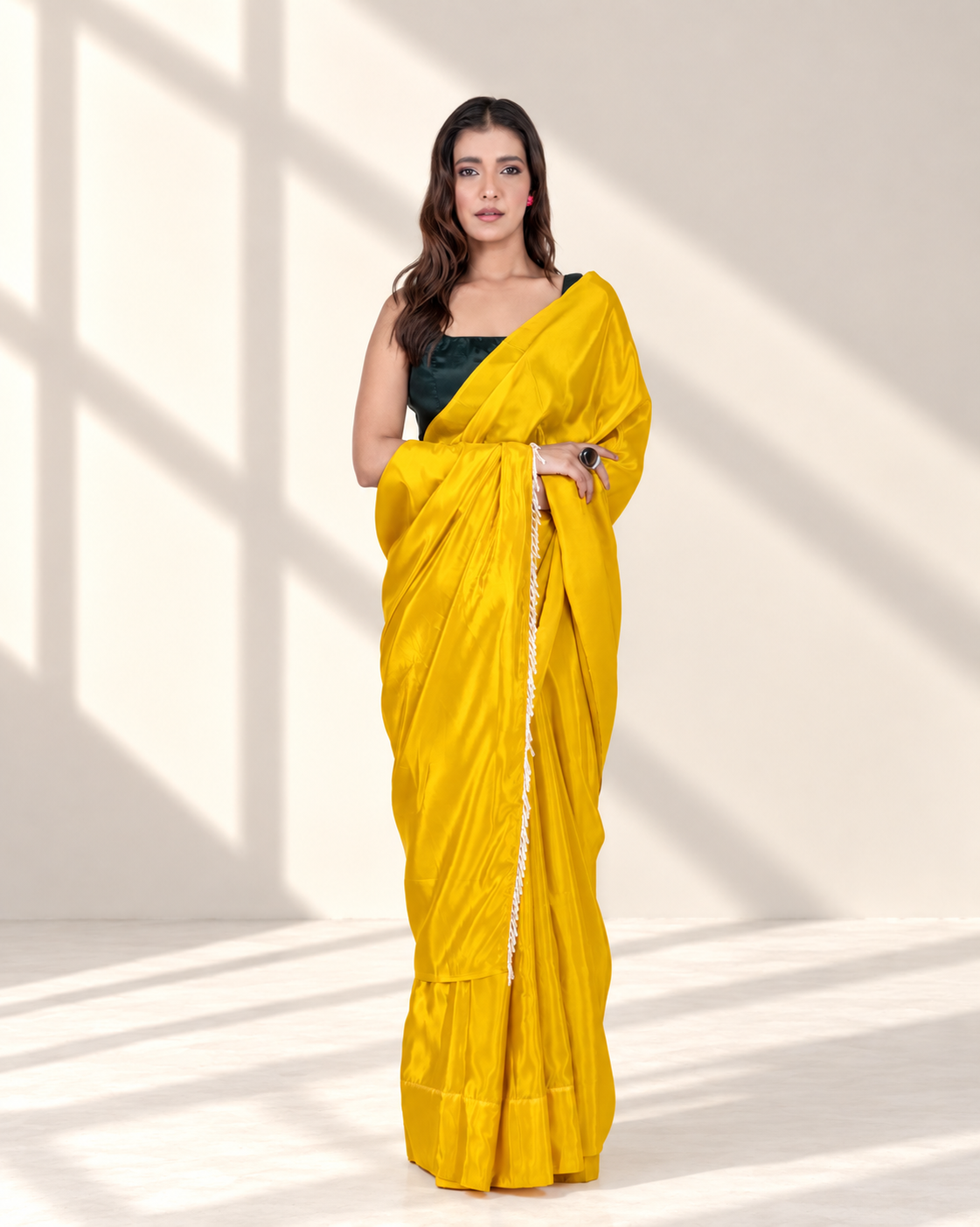 Sunshine Yellow Silk Blend Saree with Handcrafted Drop Lace and Matching Blouse Piece | Fall & Pico Ready
