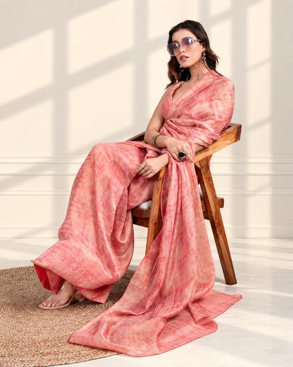 Blush Pink Printed Chiffon Woven Zari Saree with Self Blouse Piece | Fall & Pico Ready