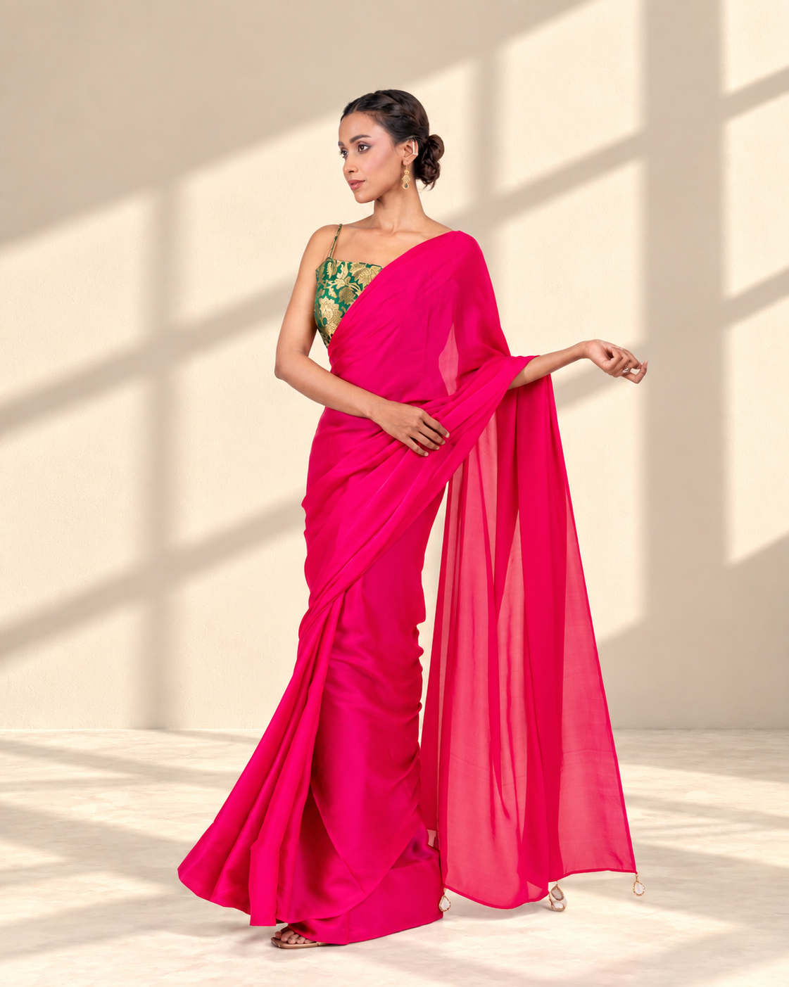 Hot Pink Satin Saree with Handcrafted Mirror Tassels and Matching Satin Blouse Piece | Fall & Pico Ready