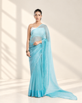 Powder Blue Soft Metallic Organza Saree with Pearl Lace Border and Matching Blouse Piece | Fall & Pico Ready