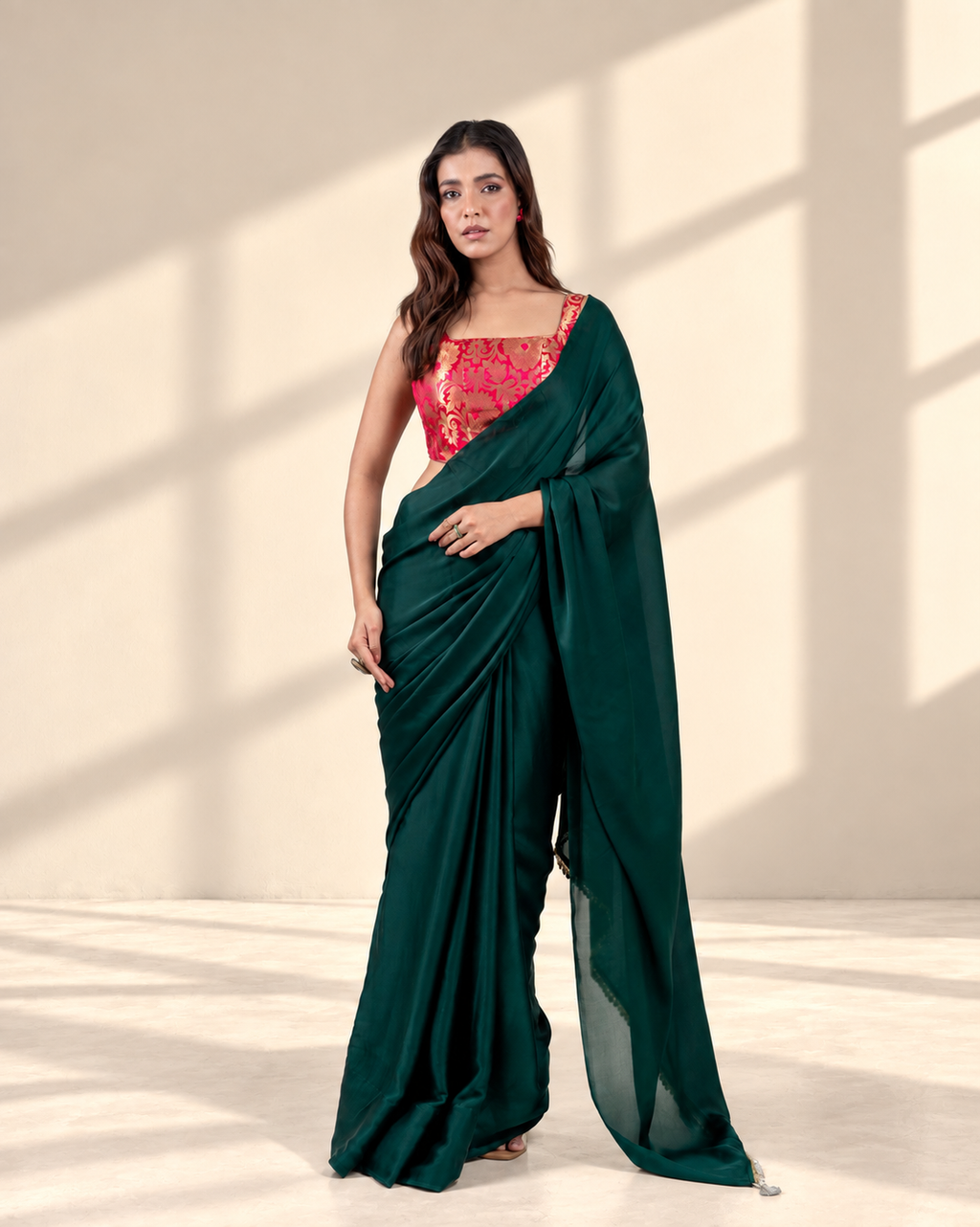 Emerald Green Satin Saree with Handcrafted Mother of Pearl Lace Border and Matching Satin Blouse Piece | Fall & Pico Ready