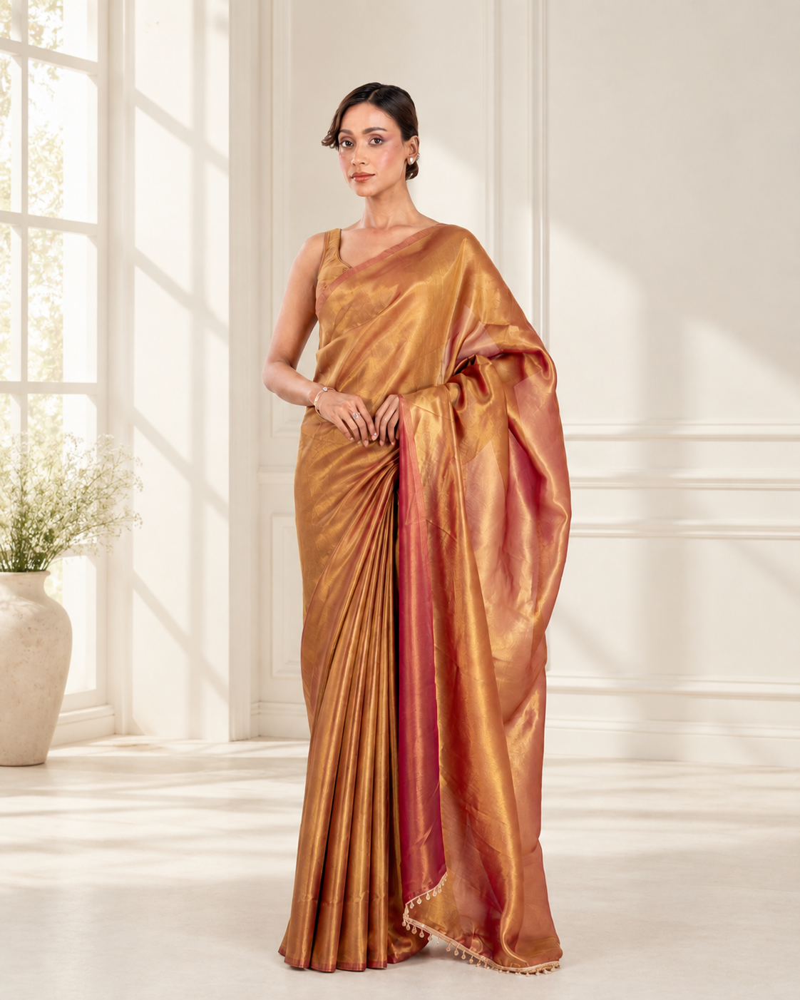 Antique Gold Viscose Zari Saree with Handcrafted Crystal Lace and Matching Blouse Piece | Fall & Pico Ready