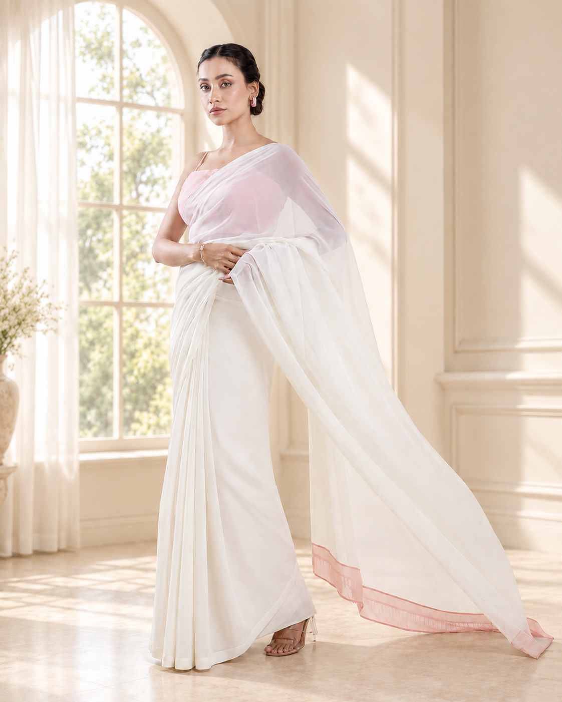 Ivory Georgette Saree with Blush Pink Panel & Drop Lace Border with Self Blouse Piece | Fall & Pico Ready