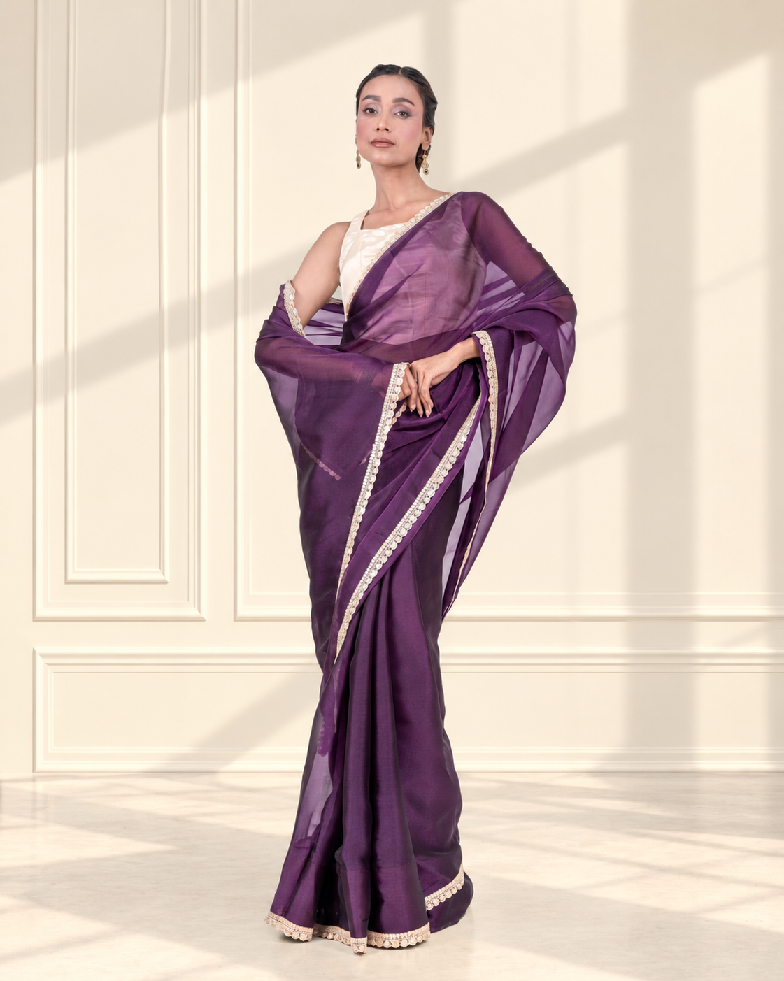 Royal Purple Sheer Organza Saree with Embroidered Lace and Matching Blouse Piece | Fall & Pico Ready