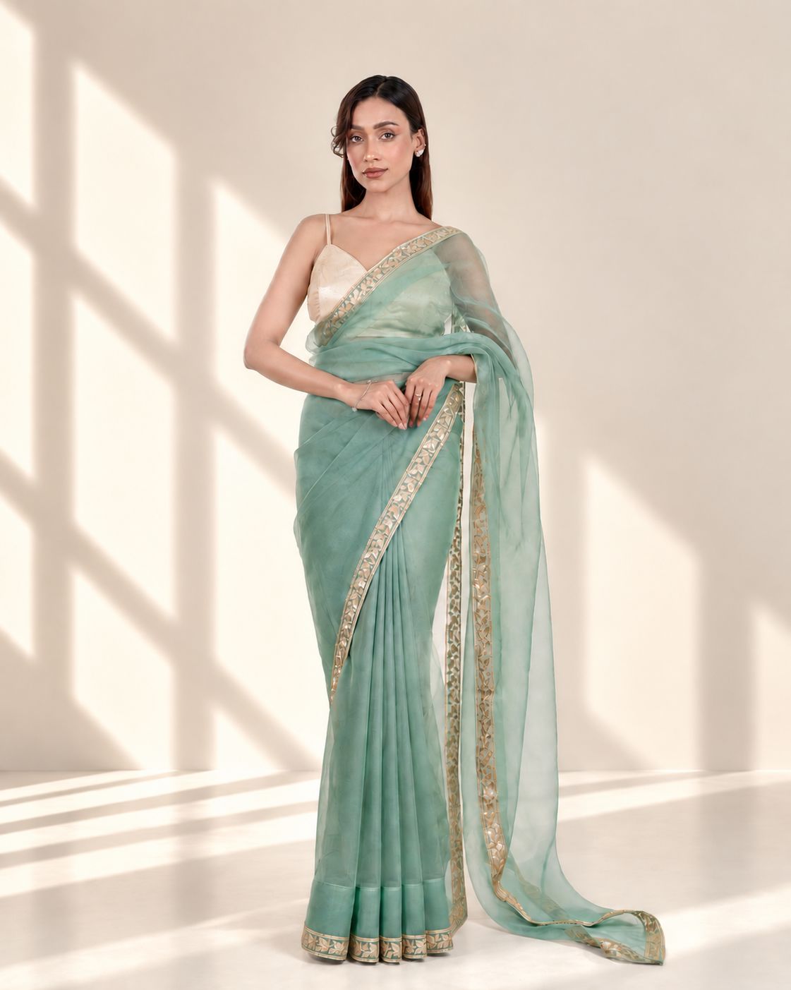 Sea Green Organza Saree with Floral Embroidered Lace Border and Matching Organza Blouse Piece | Fall & Pico Ready