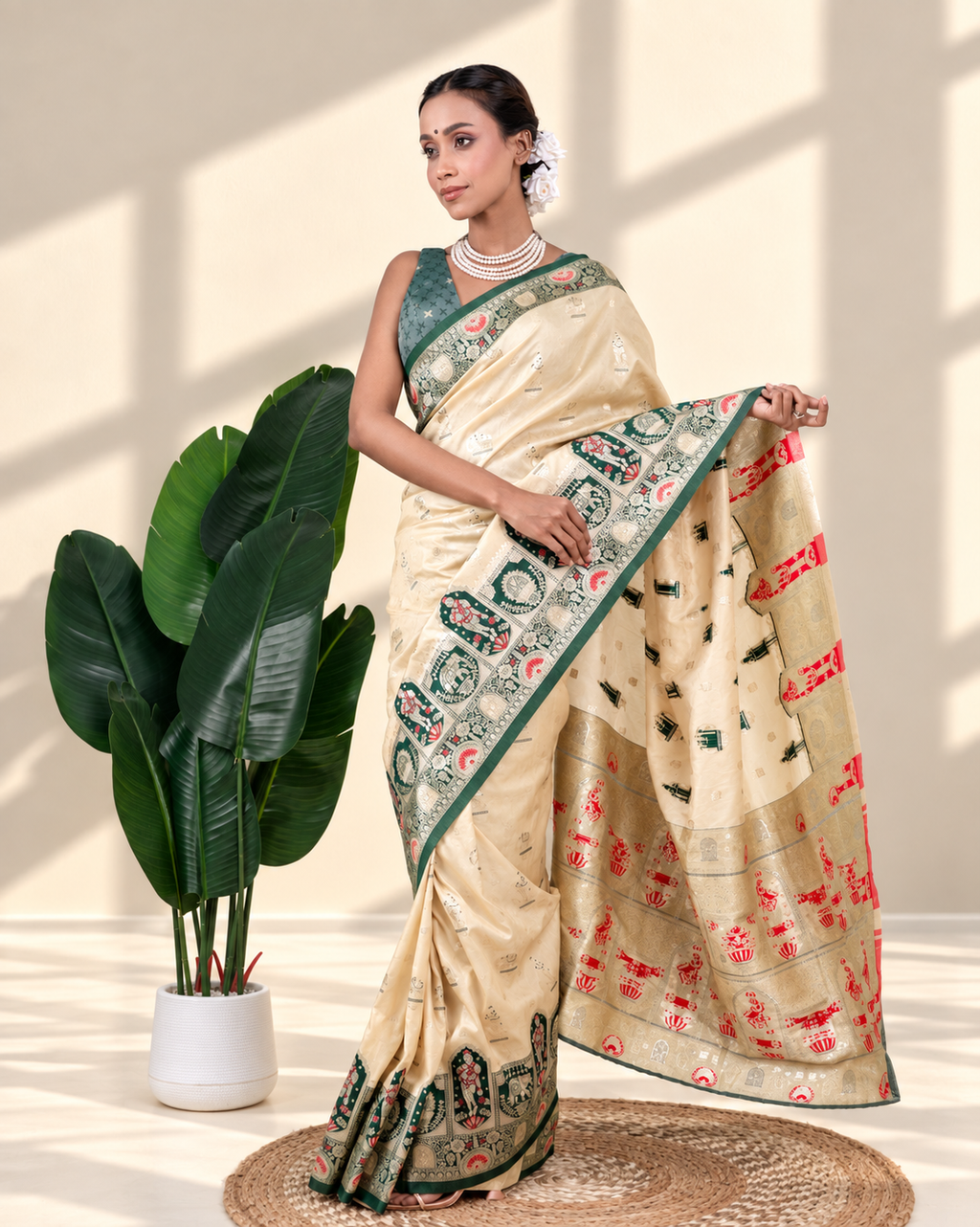 Royal Ivory Banarasi Silk Saree with Heritage Woven Temple Pallu and Matching Blouse Piece | Fall & Pico Ready