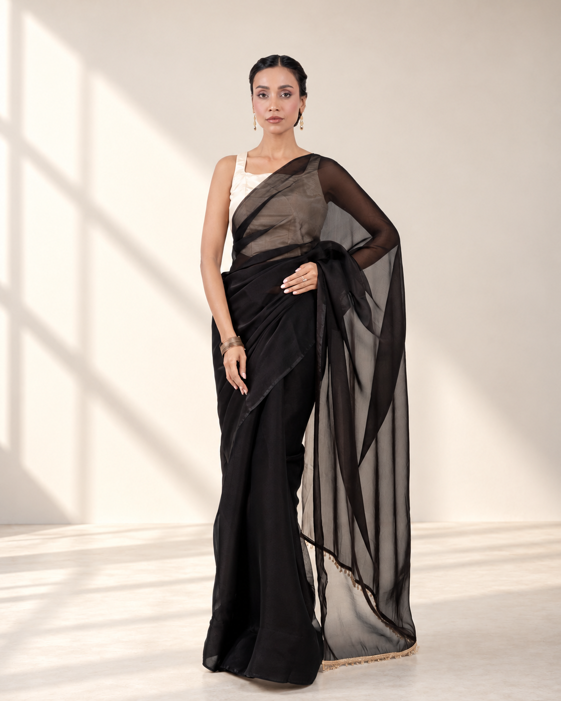 Classic Black Iconic Chiffon Saree with Handcrafted Crystal Lace and Matching Blouse Piece | Fall & Pico Ready