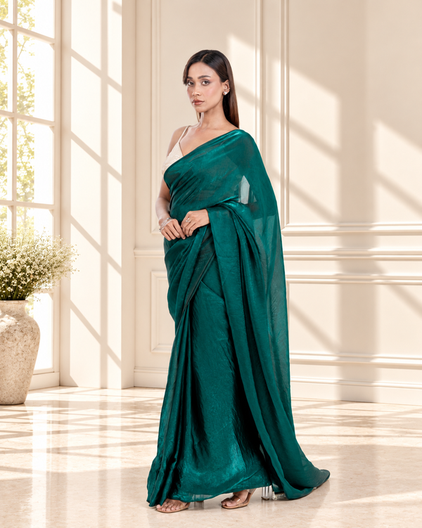 Emerald Fendi Satin Saree with Handcrafted Crystal Drop Lace and Matching Blouse Piece | Fall & Pico Ready
