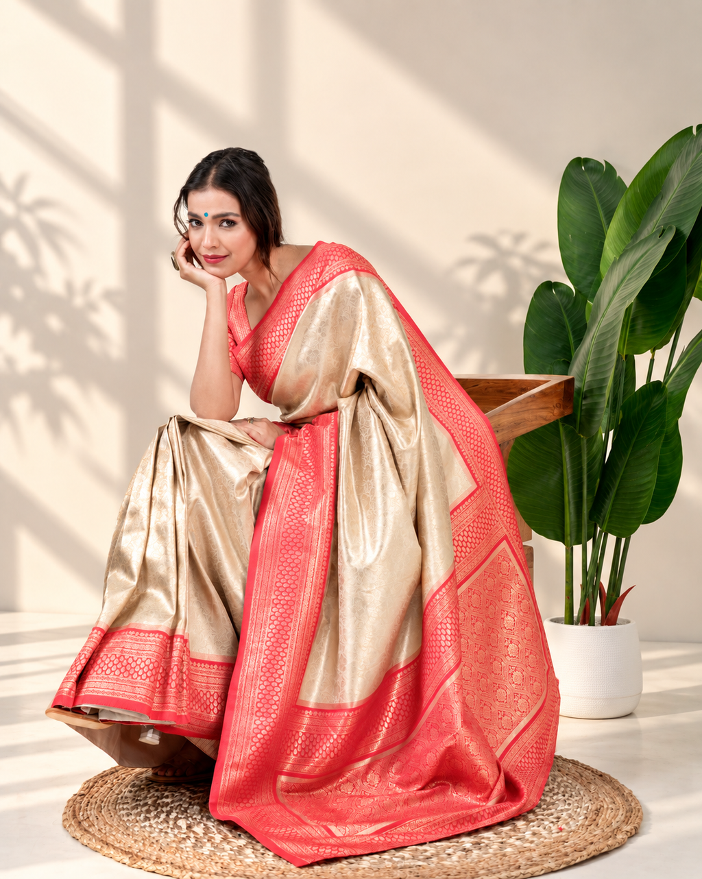 Champagne Gold Banarasi Silk Saree with Coral Zari Border and Matching Blouse Piece | Fall & Pico Ready